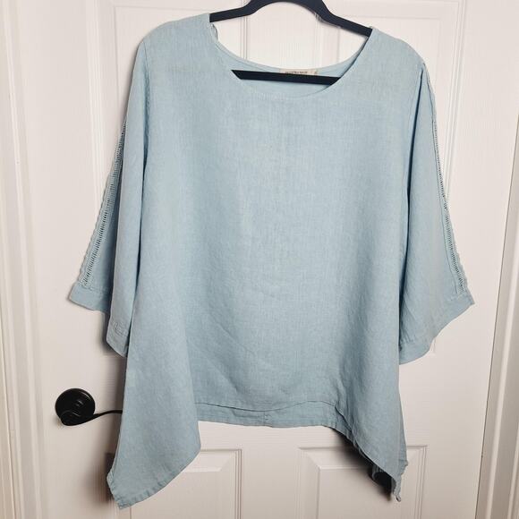 Valentina Naldi Shirt 1X Light Blue Linen Tunic Blouse Lace Trim Asymmetrical - Picture 1 of 10